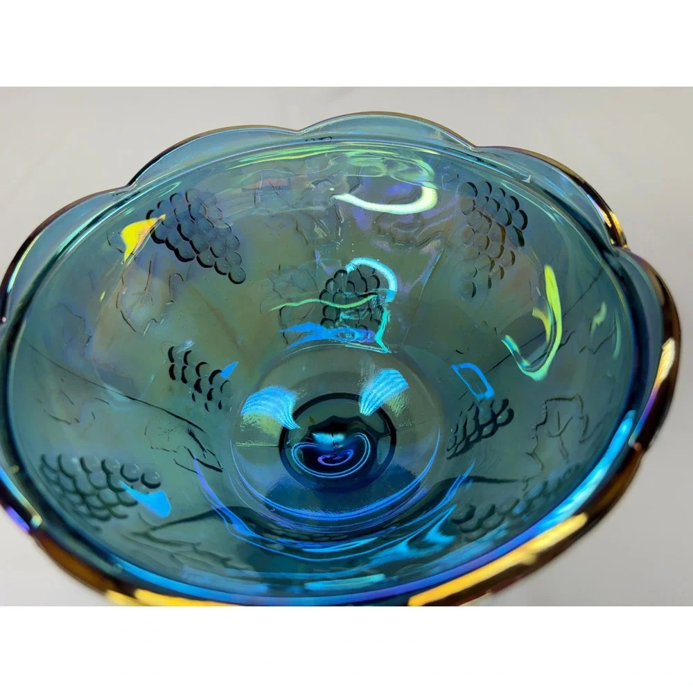 Vtg Carnival Glass HarvestGrape Compote Iridescent TealBlue Candy Dish Lid 9.75